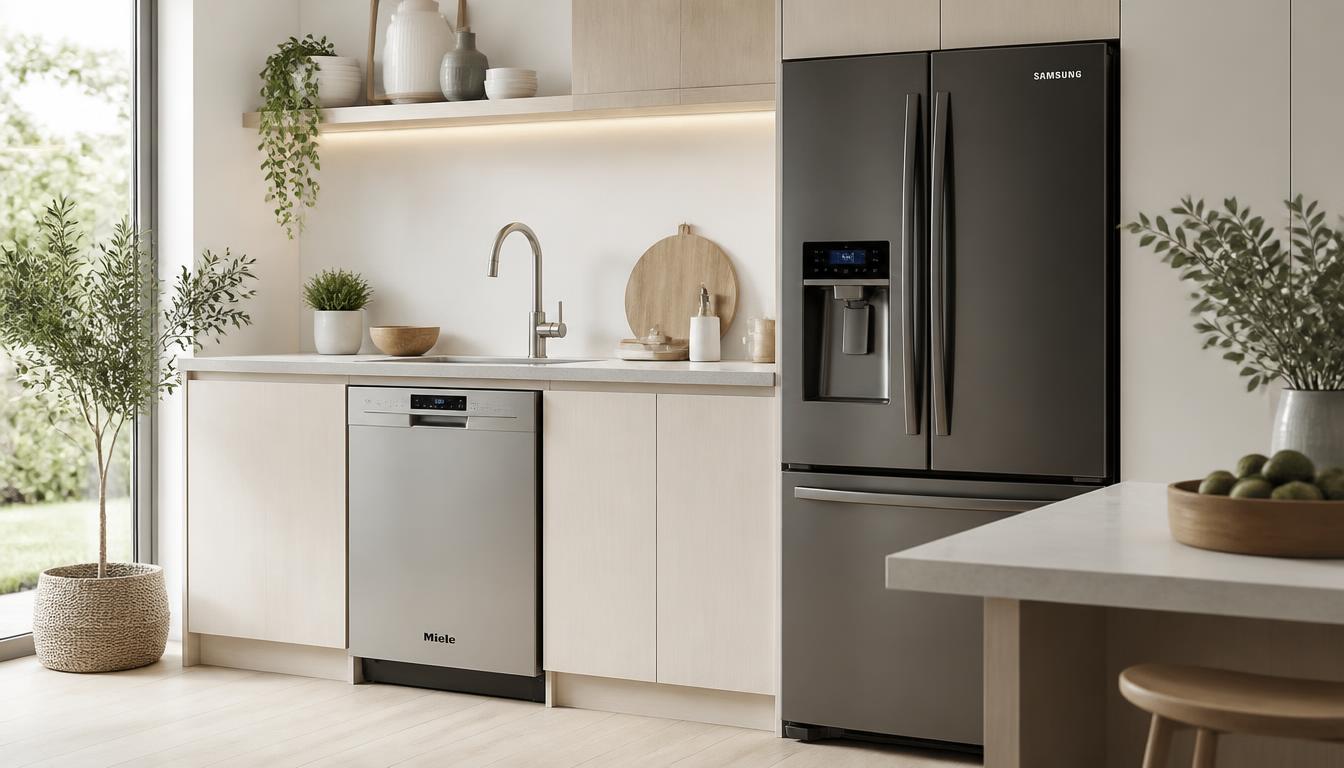 Kök med Miele-diskmaskin och Samsung-kylskåp
